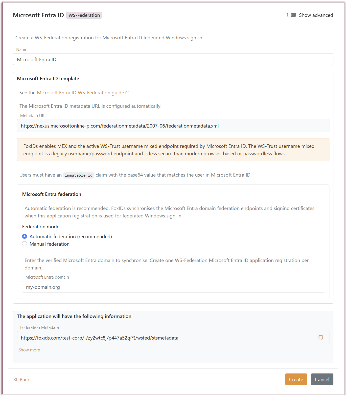 Creating the Microsoft Entra ID template with Automatic federation and domain input