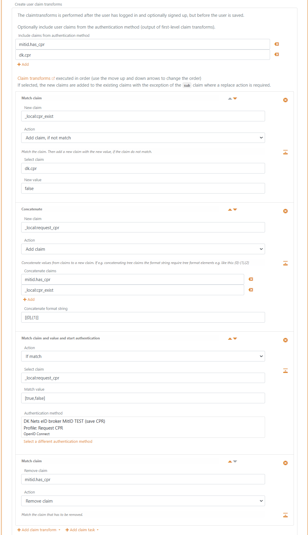 Autentificeringsmetode claim transform