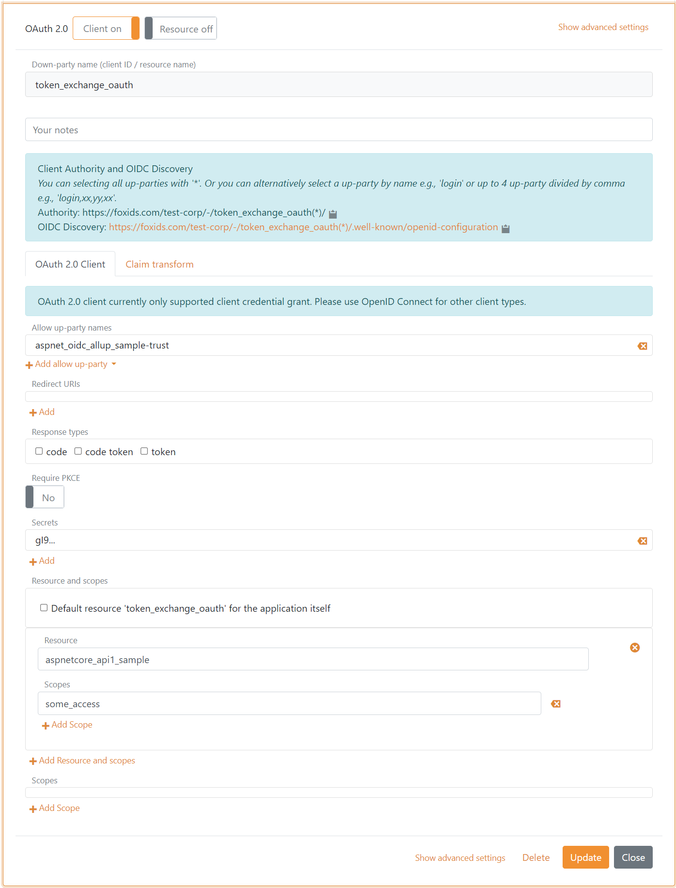 OAuth 2.0 applikationsregistrering klient for OIDC applikation