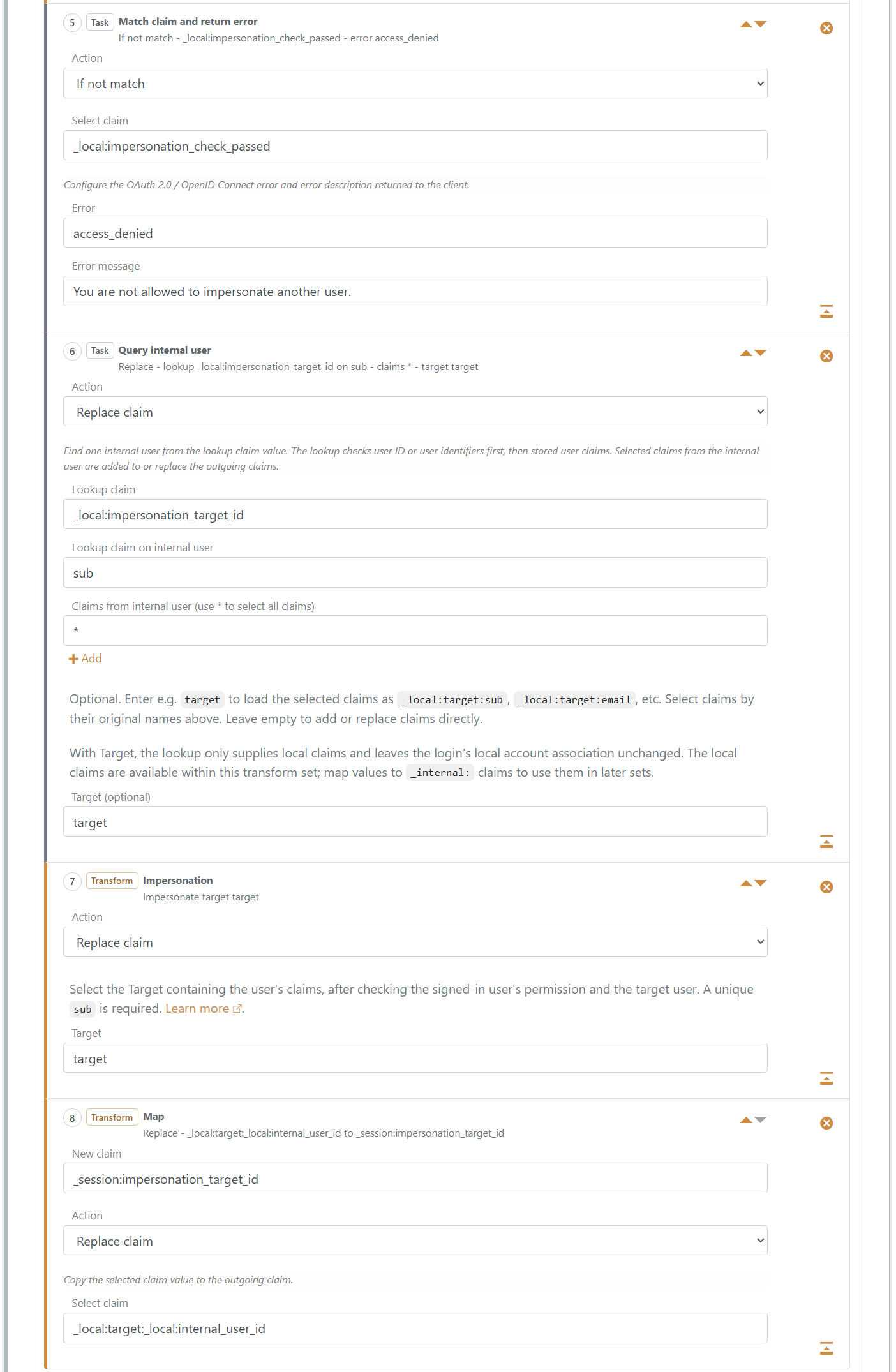 Claim-Transformationen der zweiten Ebene 5–8: unberechtigte Auswahl ablehnen, internen Benutzer laden und impersonieren sowie Target-Referenz speichern
