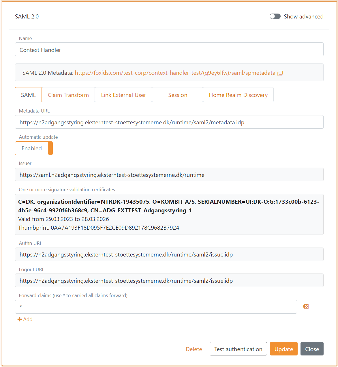 Context Handler SAML 2.0 authentication method