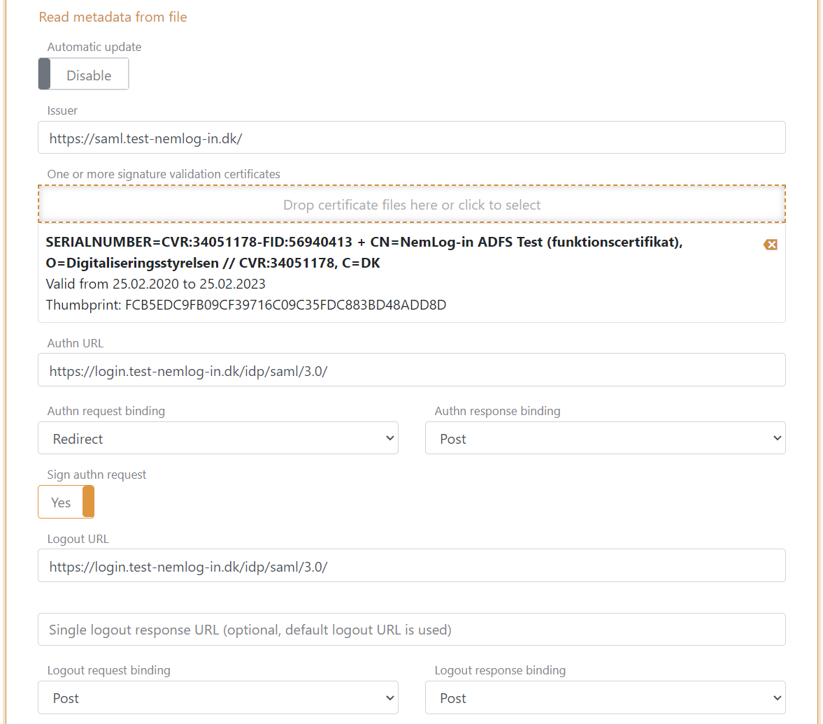 NemLog-in SAML 2.0 Authentifizierungsmethode