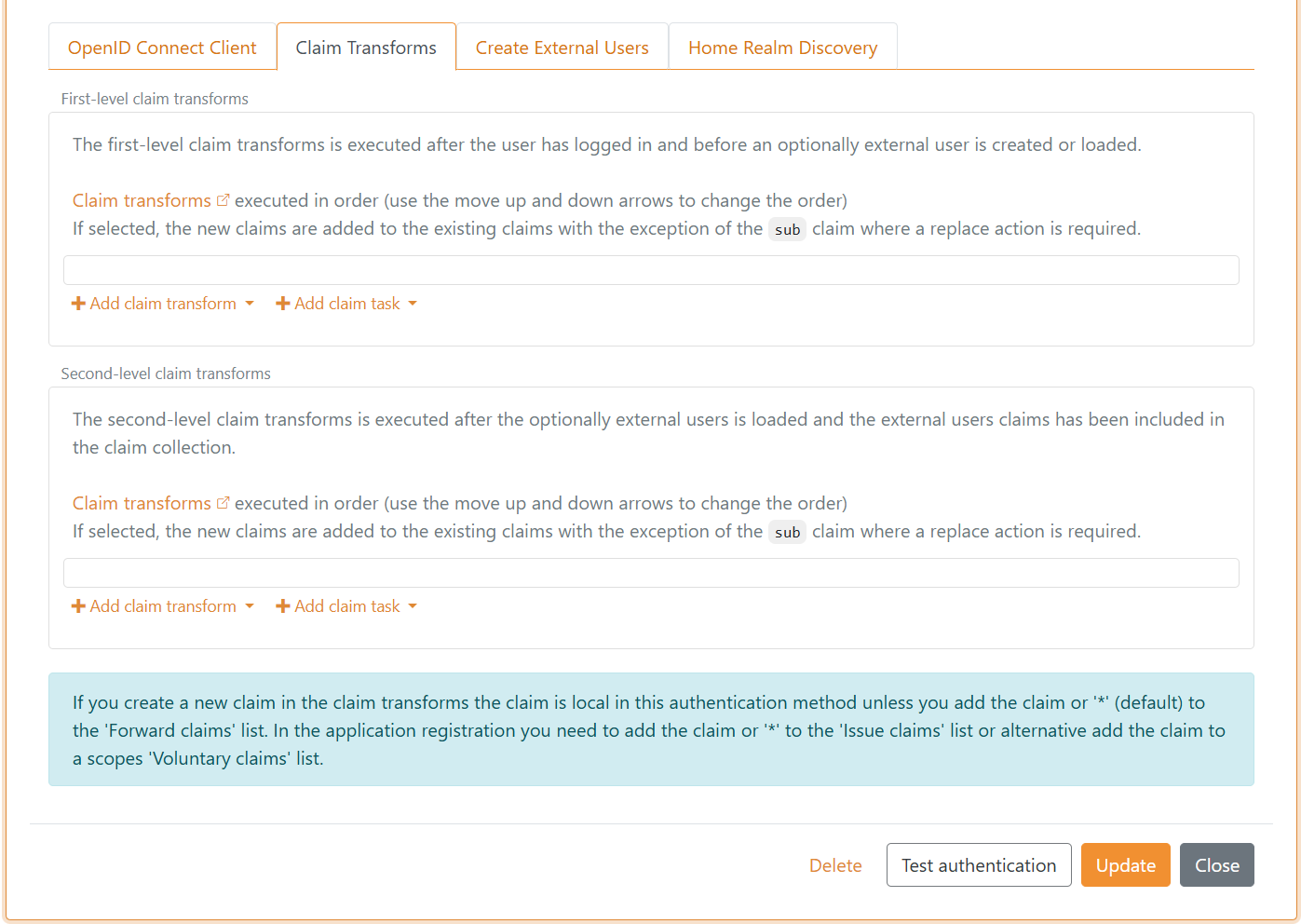 FoxIDs application registration claim transform