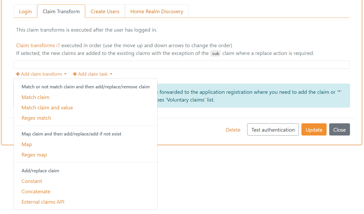 FoxIDs authentication method claim transform