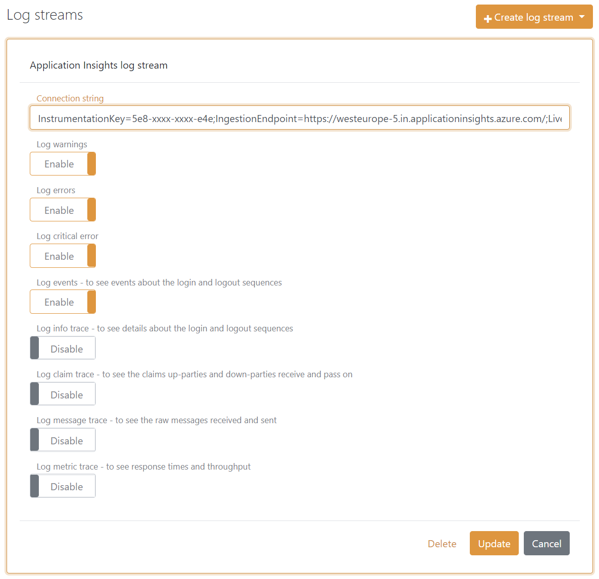 Log stream - Application Insights