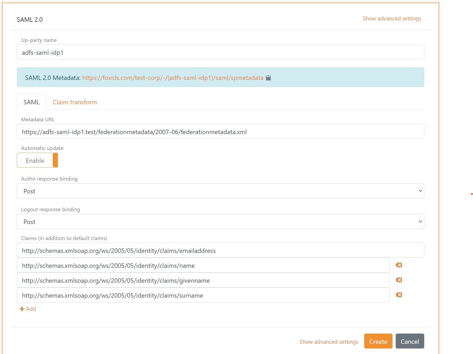 Configure SAML 2.0 AD FS up-party