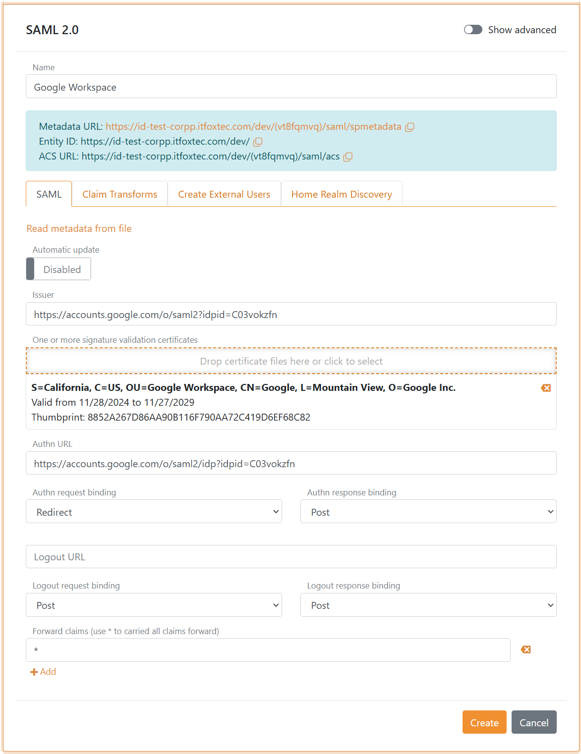 FoxIDs SAML 2.0 authentication method for Google Workspace