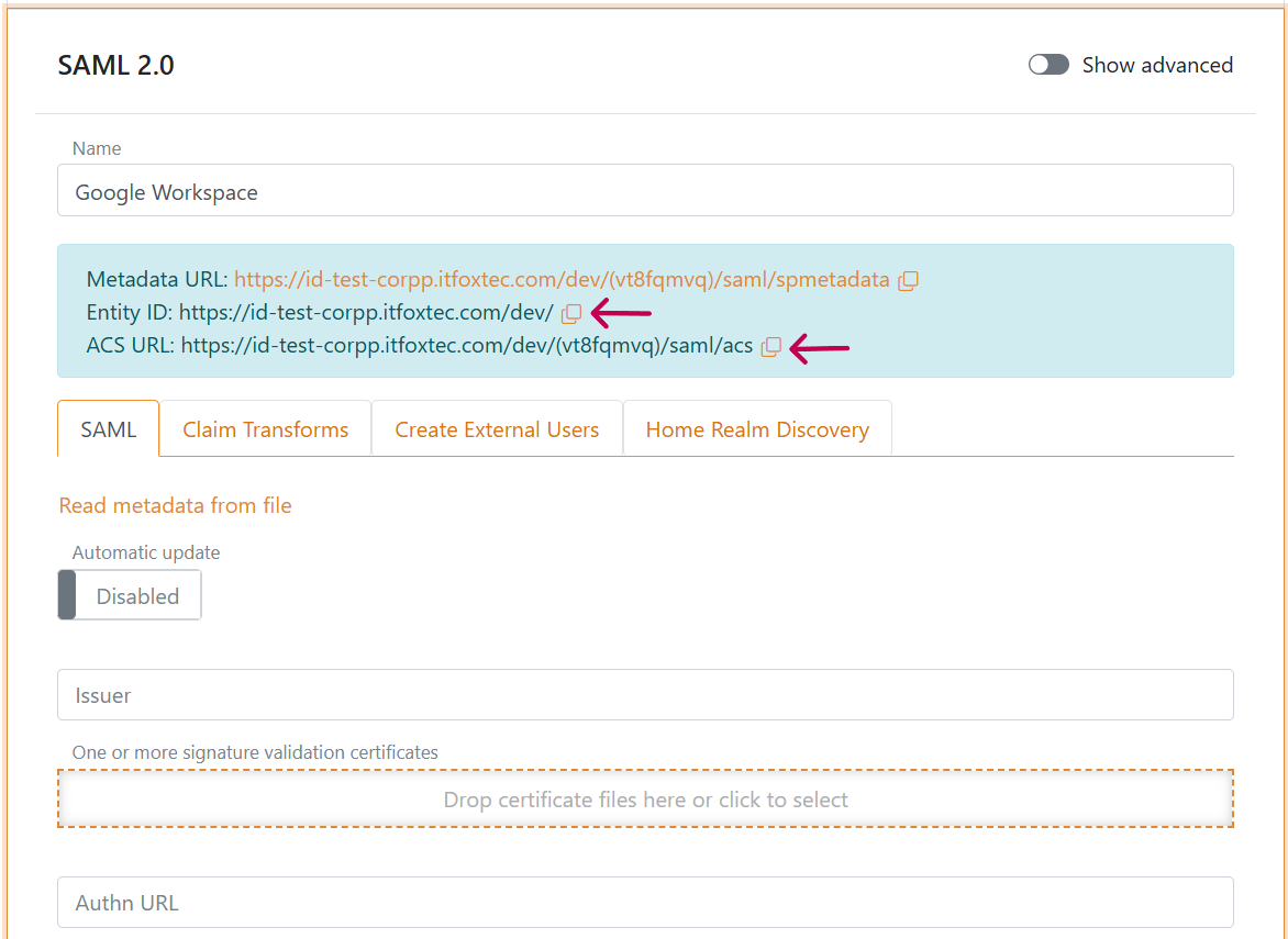 FoxIDs SAML 2.0 authentication method for Google Workspace