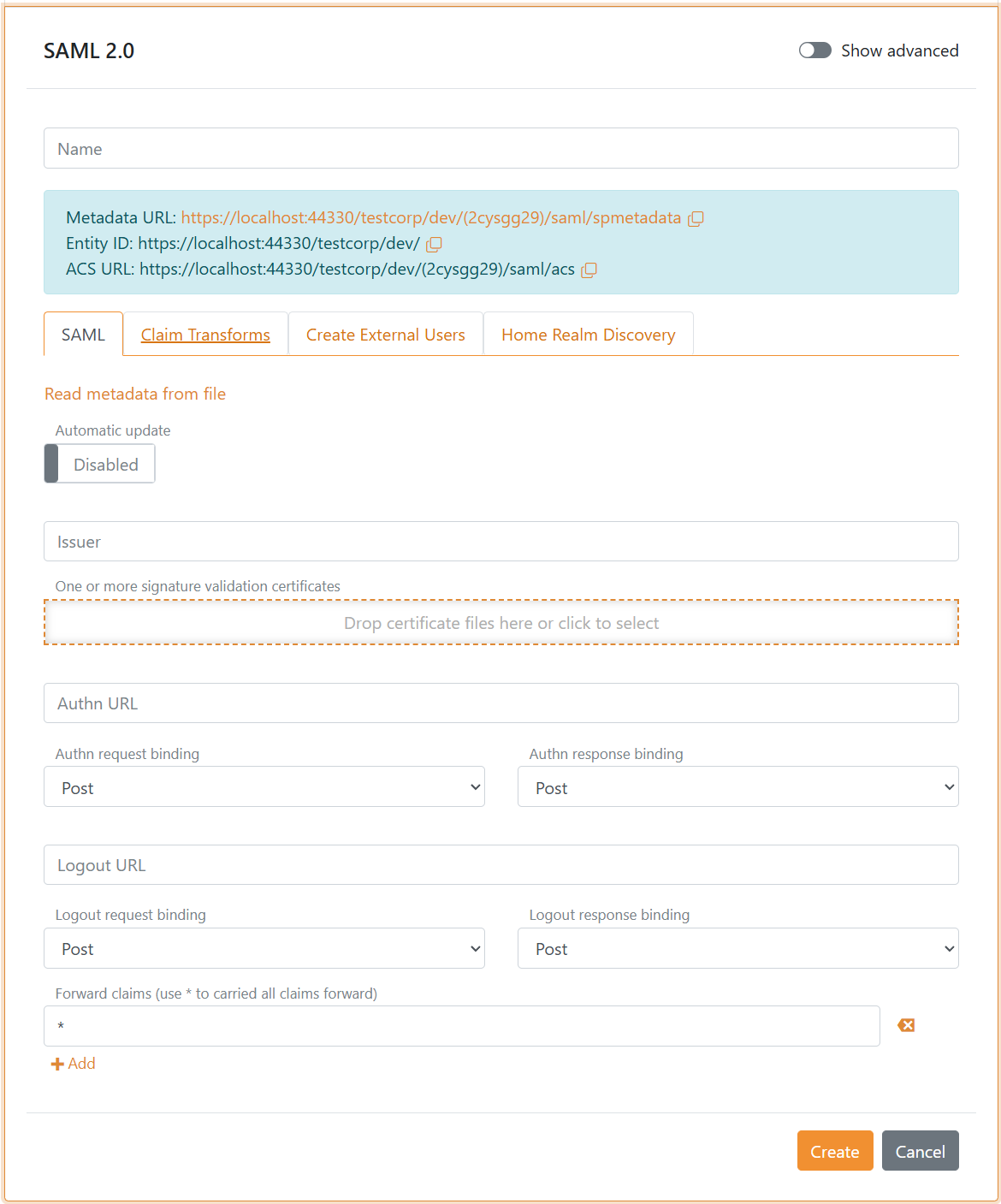 Manual SAML 2.0 configuration