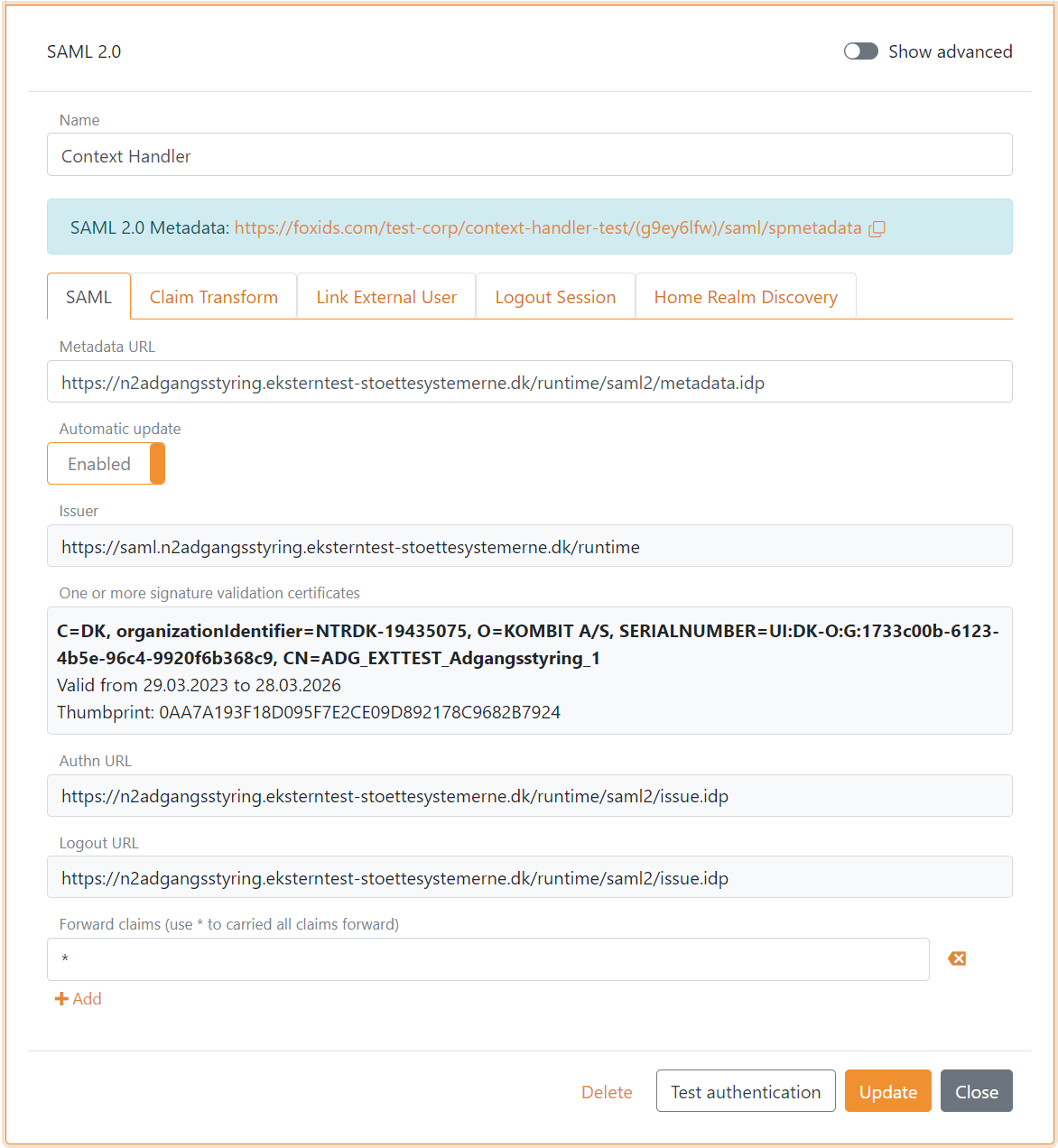 Context Handler SAML 2.0 authentication method