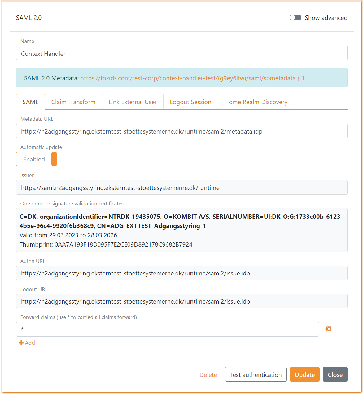 Context Handler SAML 2.0 up-party
