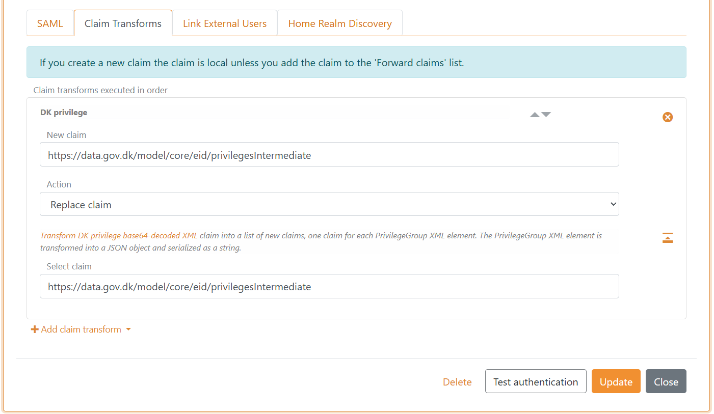 NemLog-in SAML 2.0 authentication method privilege claim transformation