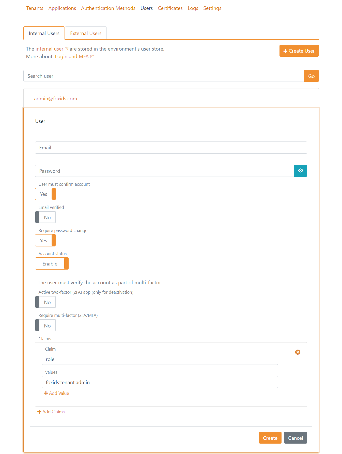 FoxIDs Control Client - Master tenant admin user