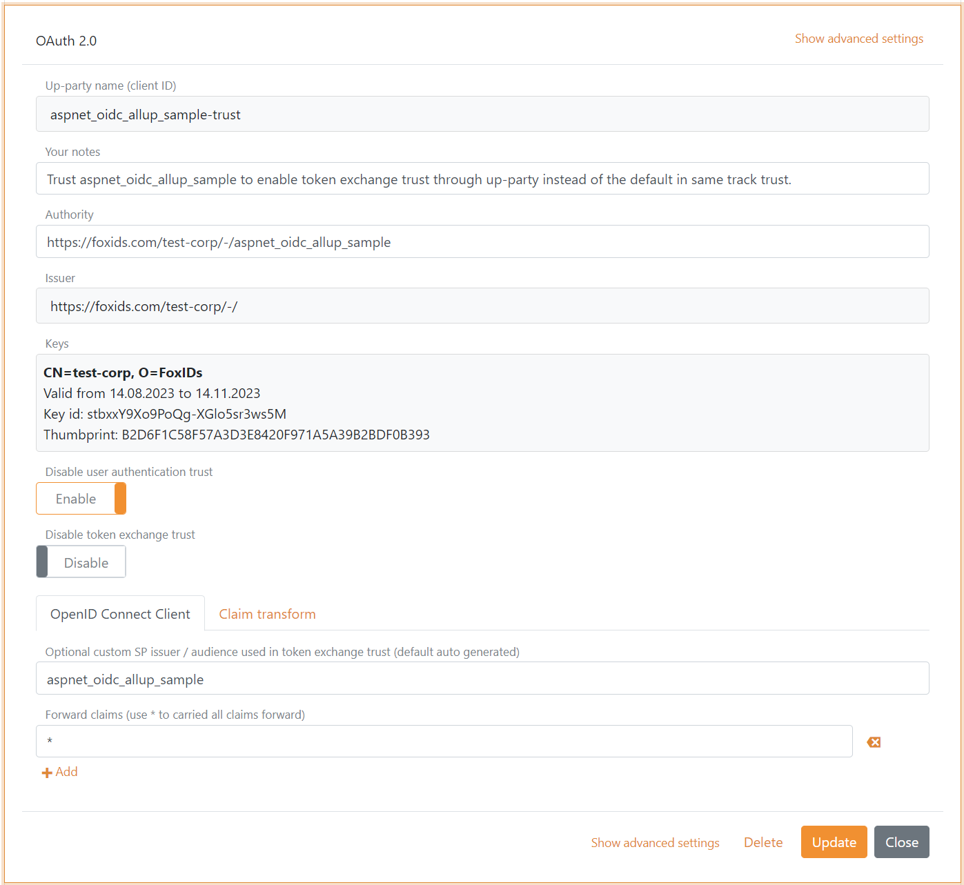 OAuth 2.0 up-party trust