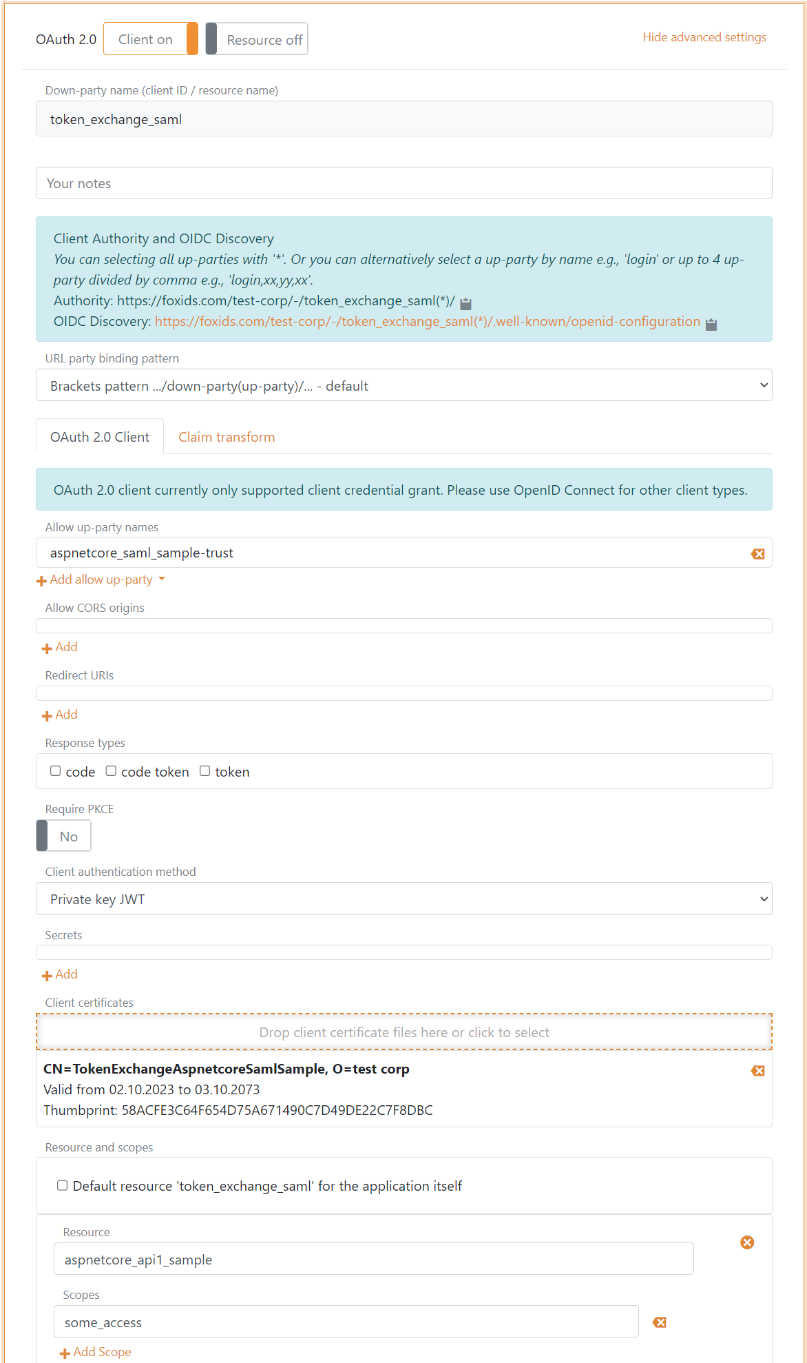 OAuth 2.0 application registration client for SAML 2.0 application