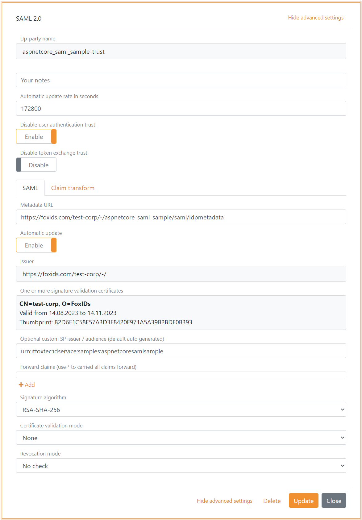 SAML 2.0 authentication method trust