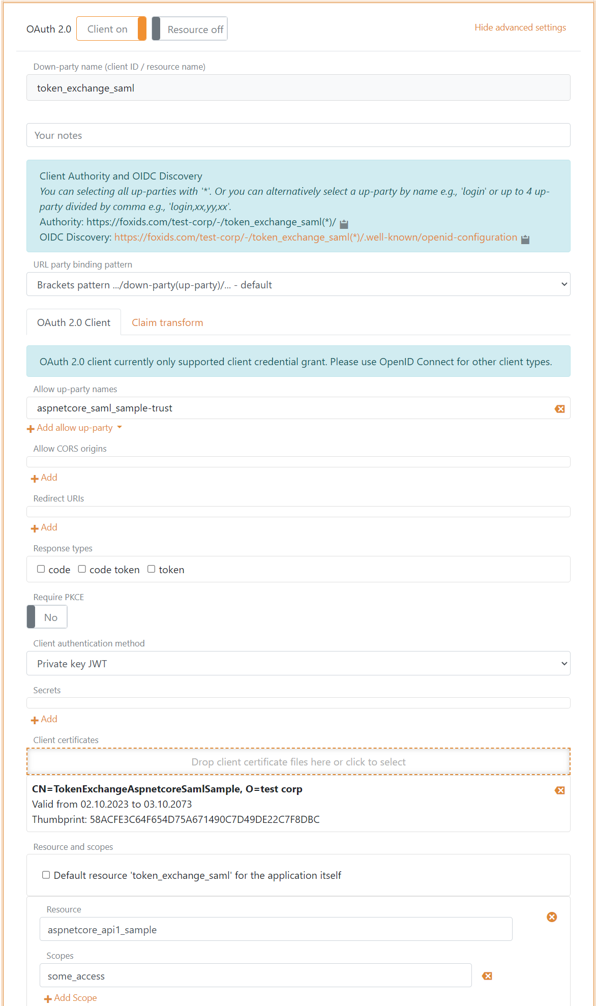 OAuth 2.0 down-party client for SAML 2.0 application