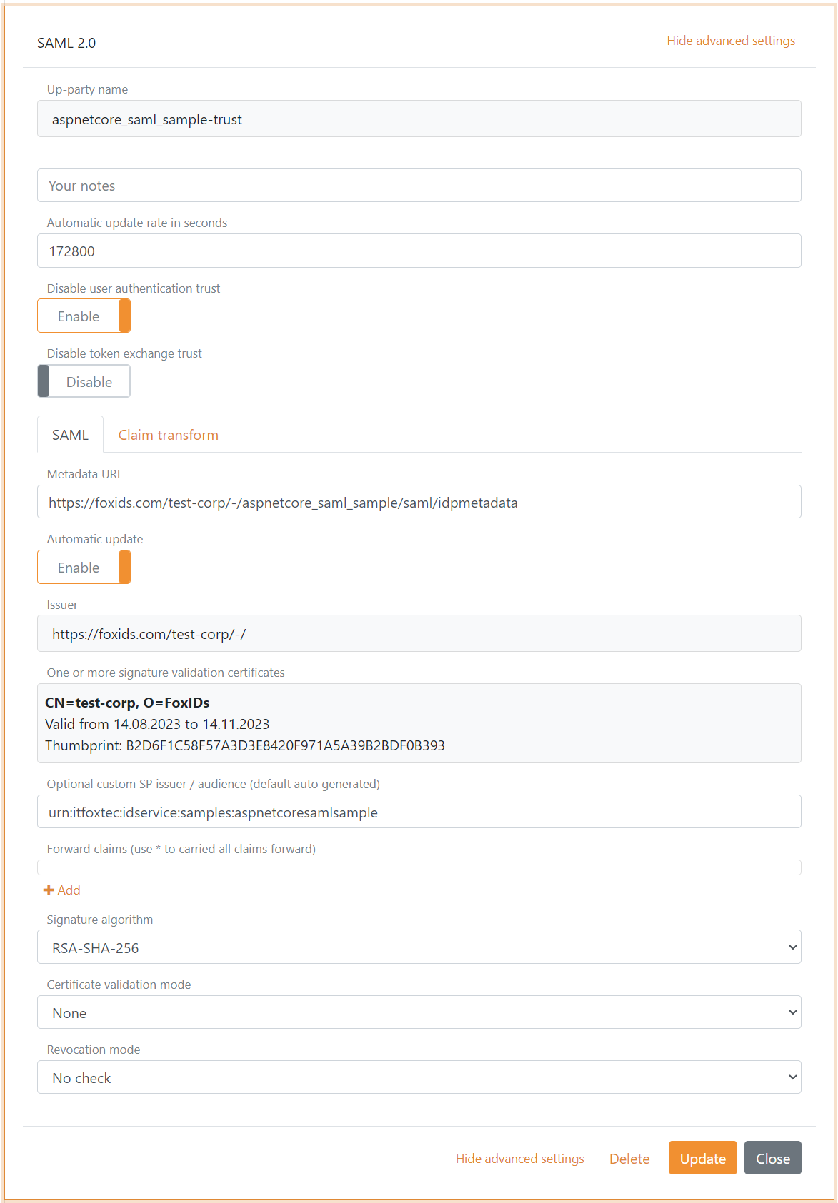 SAML 2.0 up-party trust