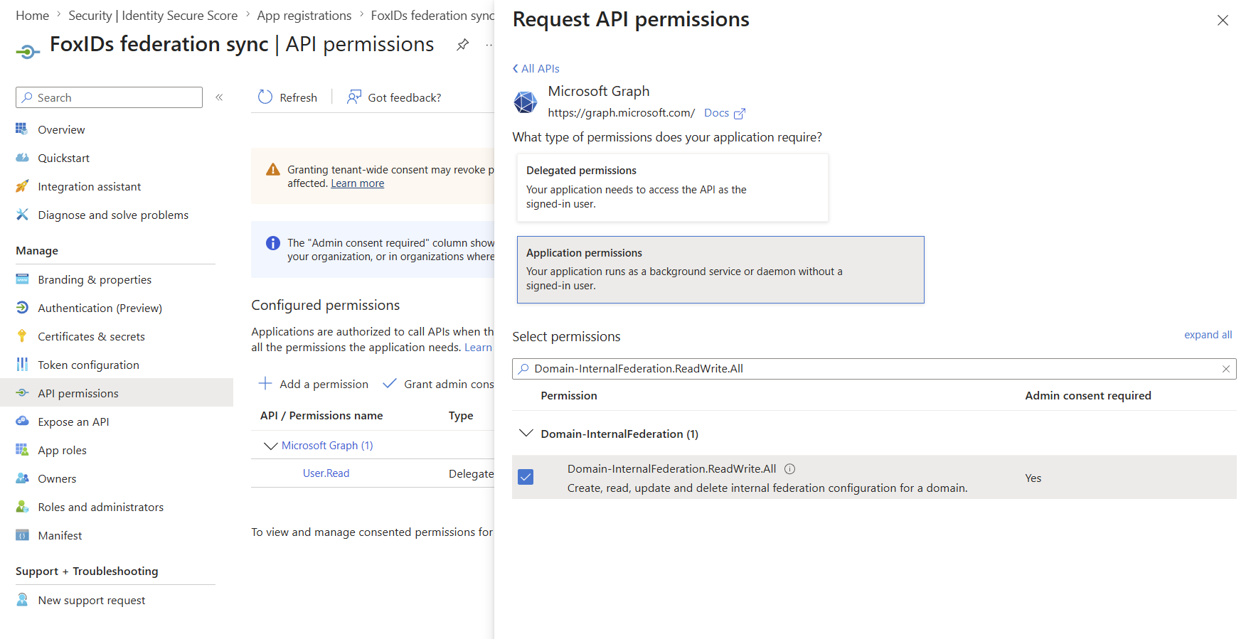 Request Microsoft Graph application permission for internal federation configuration