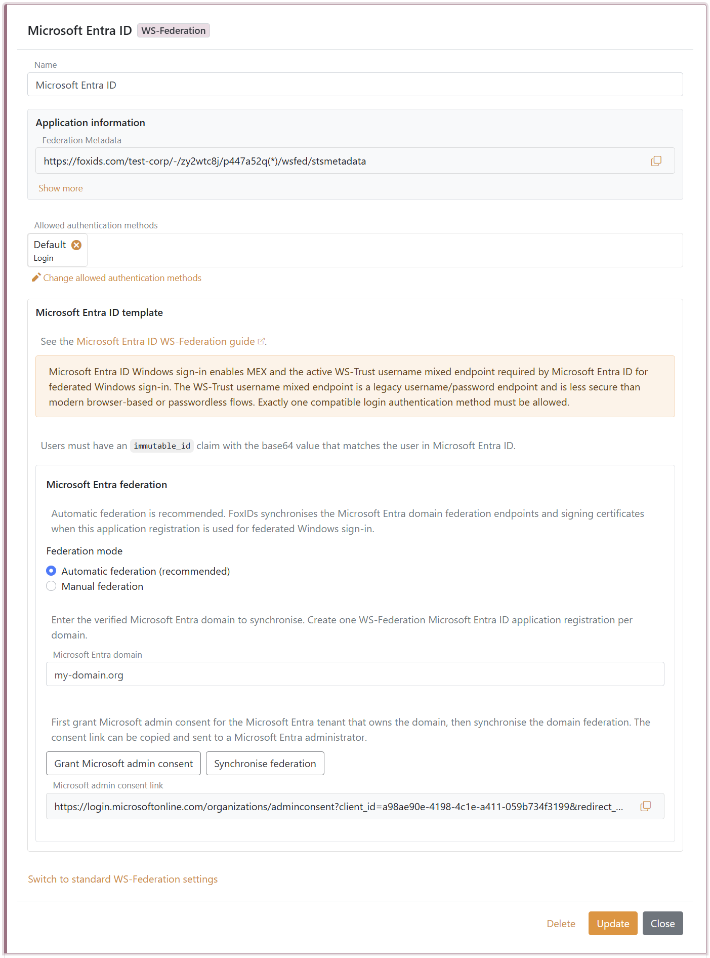 Microsoft Entra federation setup with Grant Microsoft admin consent and Synchronise federation