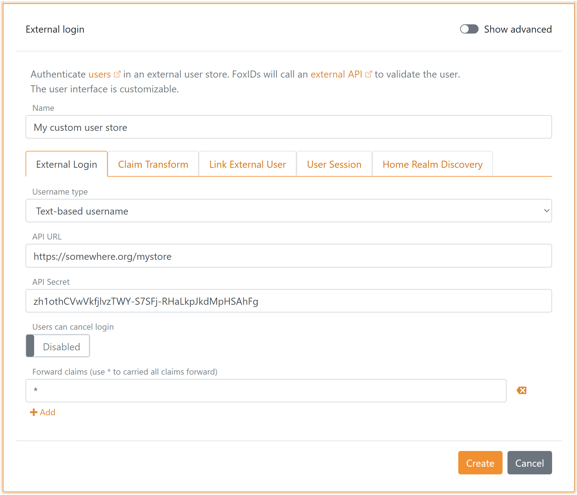 Configure an external login authentication method