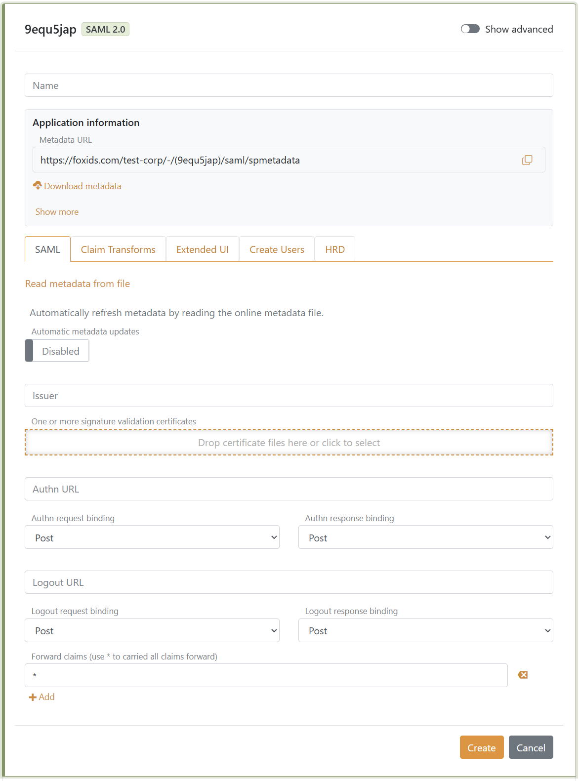 Manual SAML 2.0 configuration