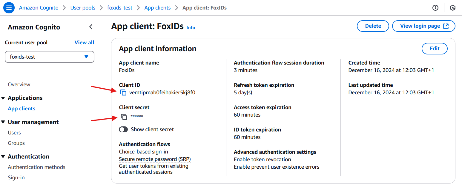 Save values from app client in Amazon Cognito