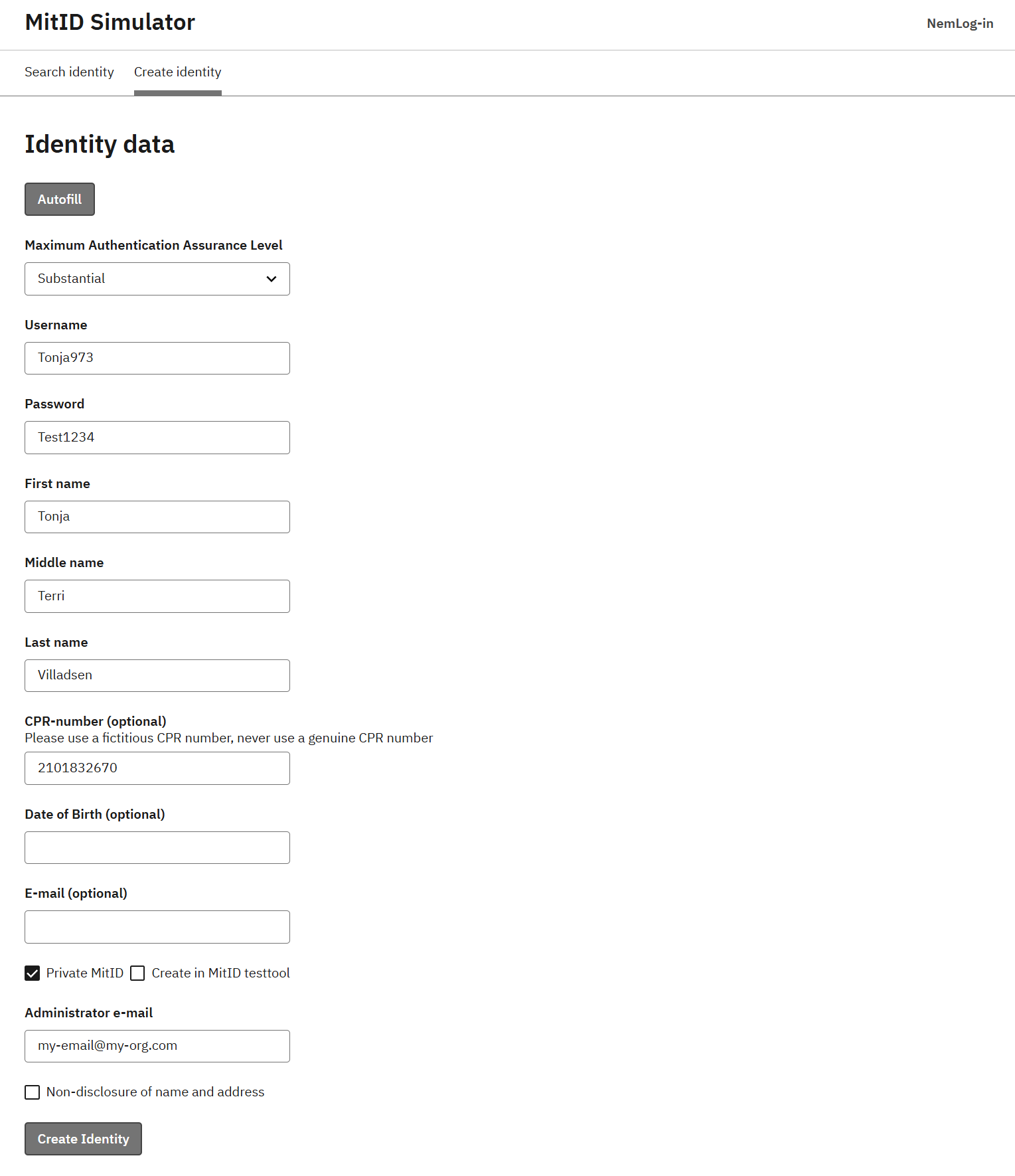 Create MitID private test user