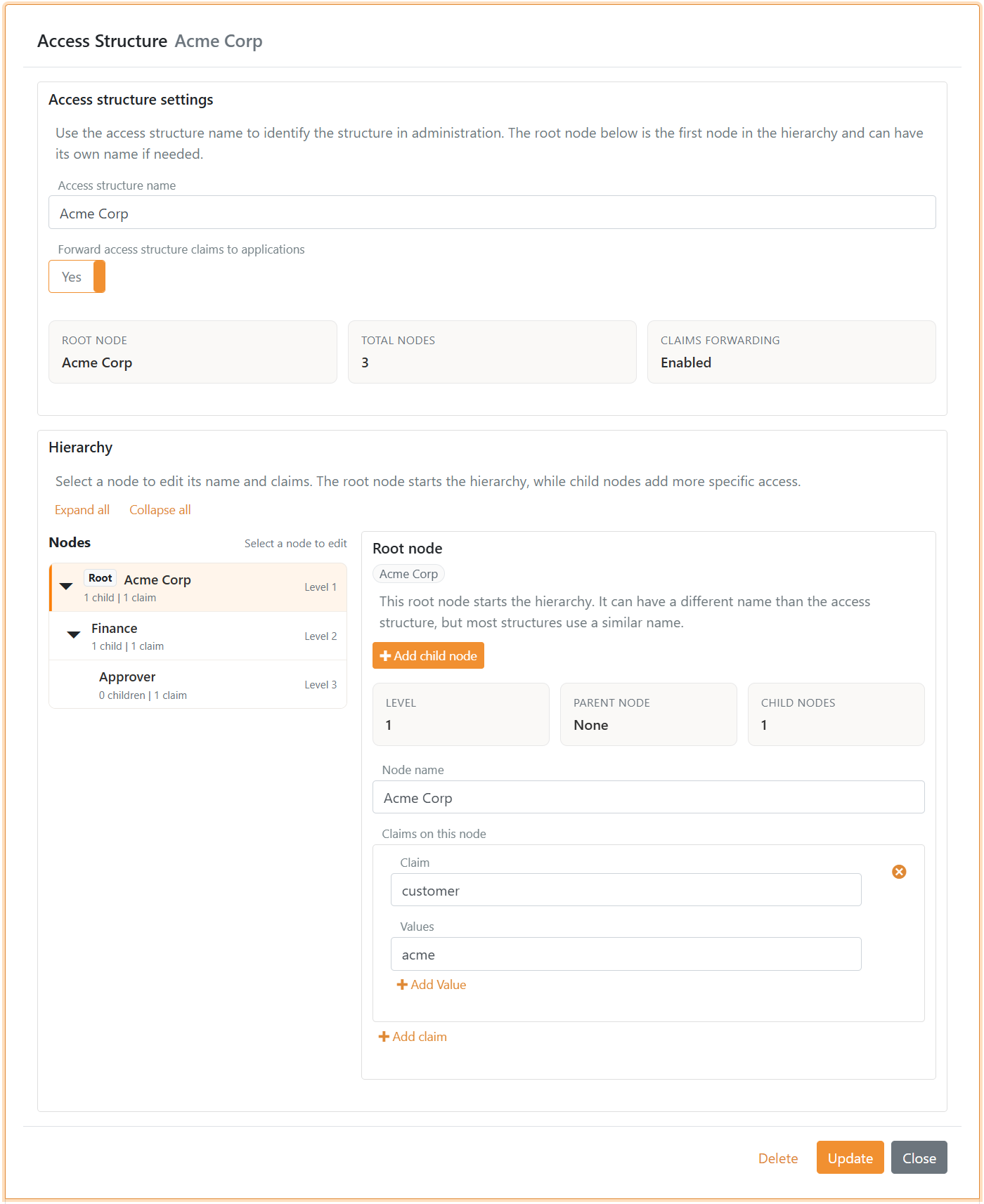 Configuración de estructura de acceso con los nodos Acme Corp, Finance y Approver