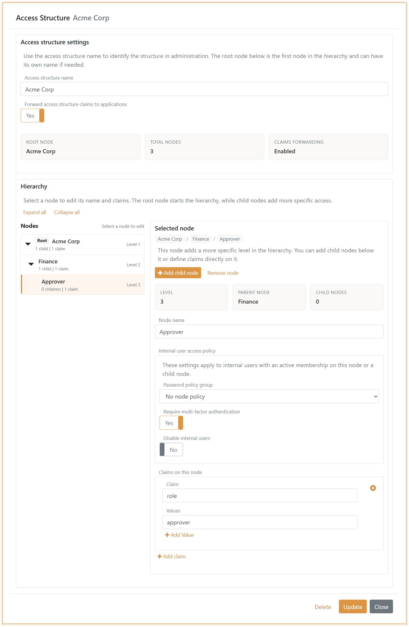 Configuración de estructura de acceso con los nodos Acme Corp, Finance y Approver
