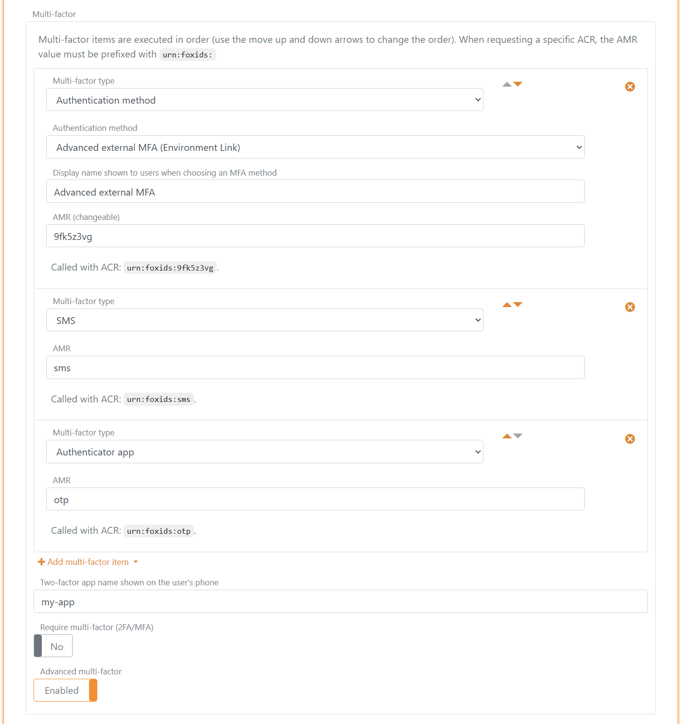 Configure advanced multi-factor item list with add/remove/reorder