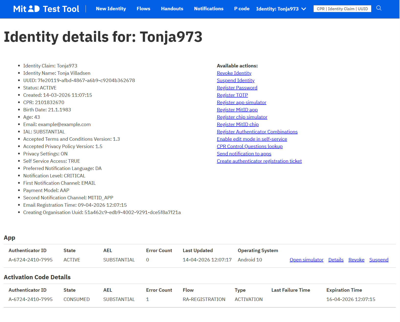 Ver usuario de prueba privado de MitID en MitID Test Tool