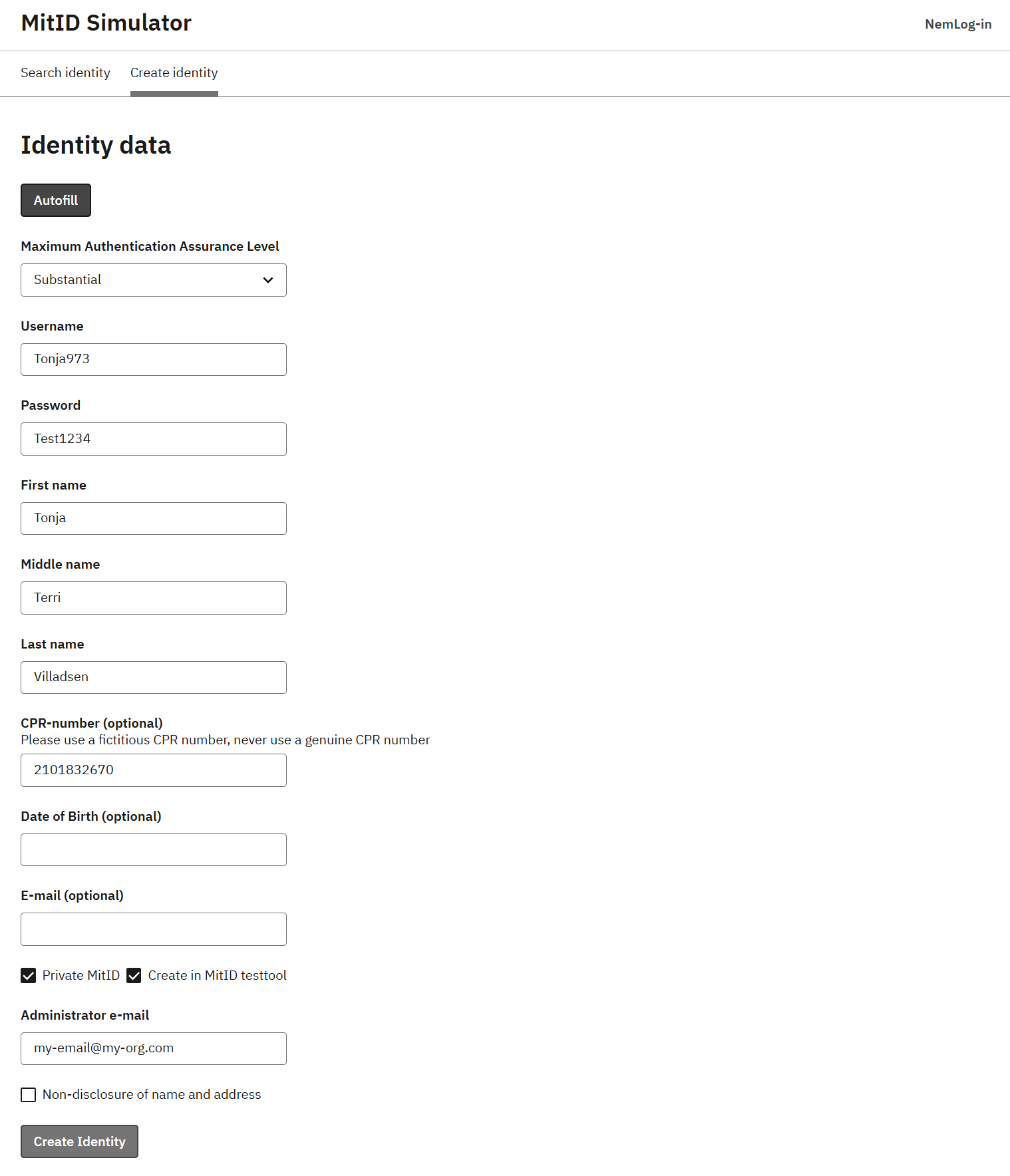 Crear usuario de prueba privado de MitID con MitID simulator