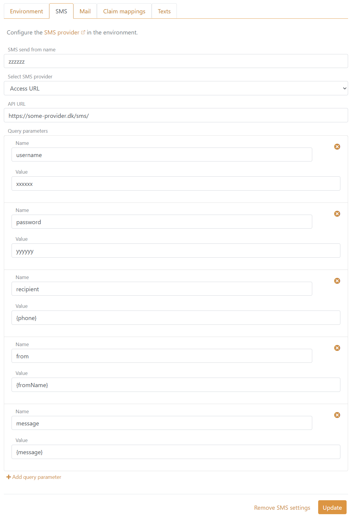 Configurer le fournisseur SMS Access URL dans l'environnement
