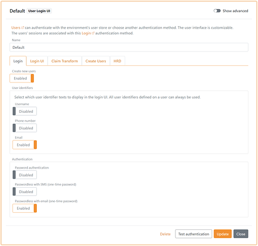 Configure authentication login method