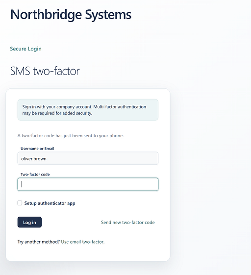 Brandtilpasset FoxIDs loginskærm med SMS to-faktor-autentifikation.