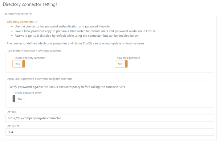 FoxIDs Directory connector settings with the connector and local password saving enabled, using fictional API details.