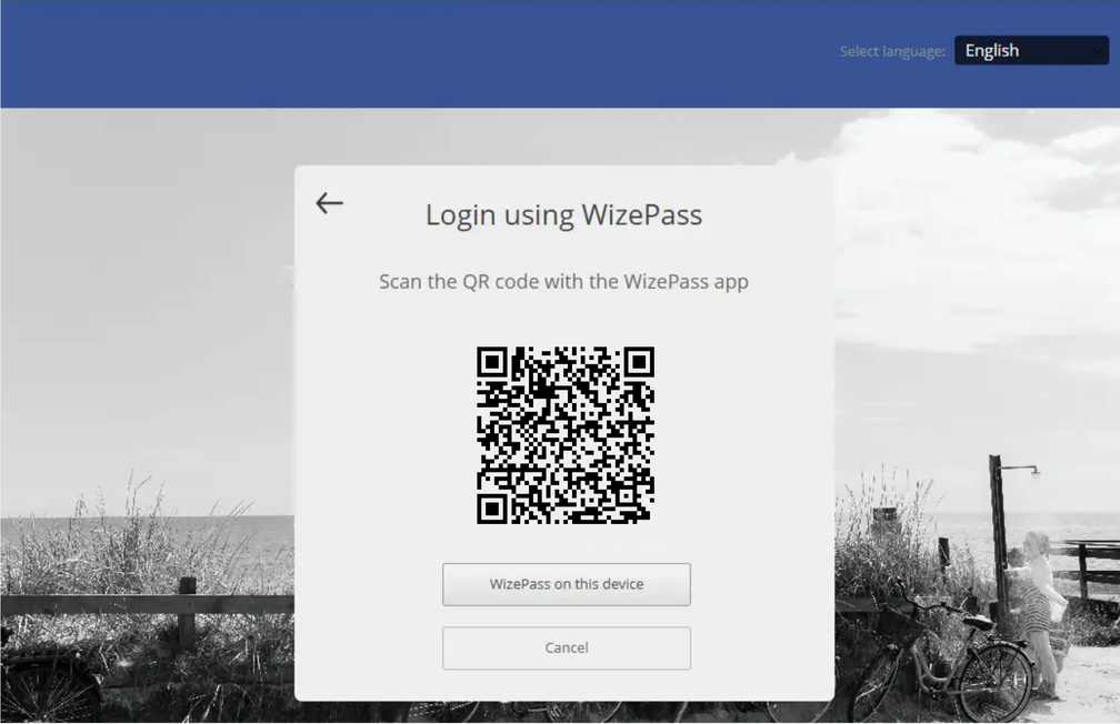 Page de connexion à WizePass avec un exemple de code QR.