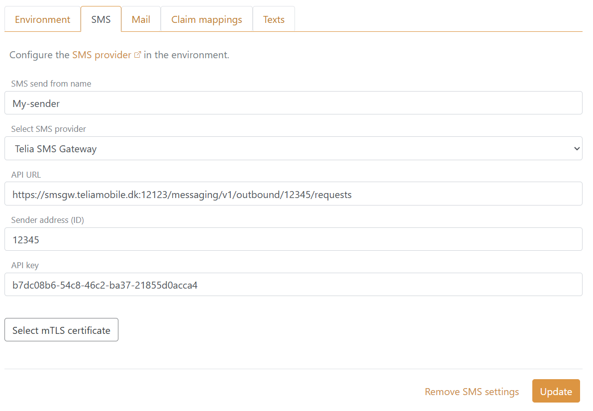 Configura il provider Telia SMS Gateway nell'ambiente