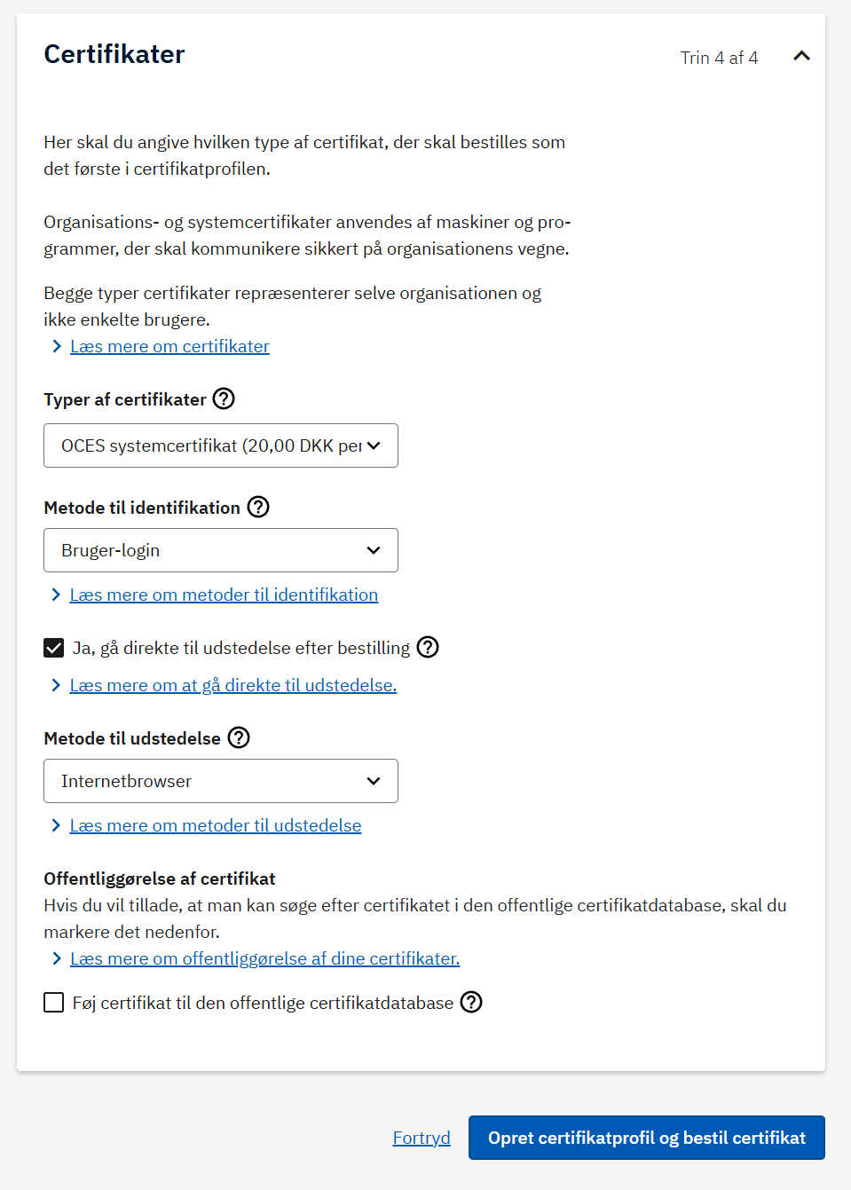 Opzioni certificato