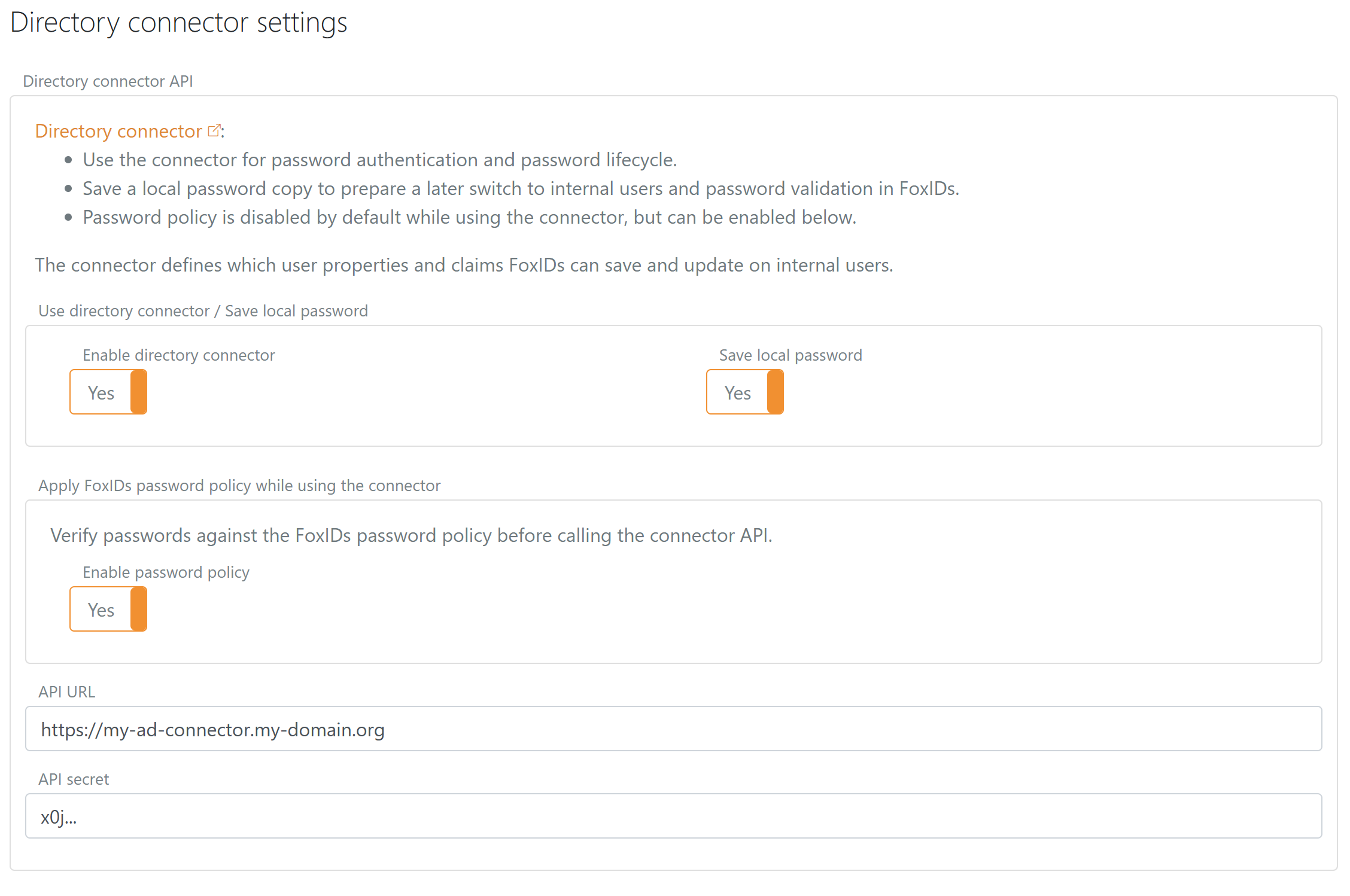 Impostazioni FoxIDs Directory Connector per Active Directory