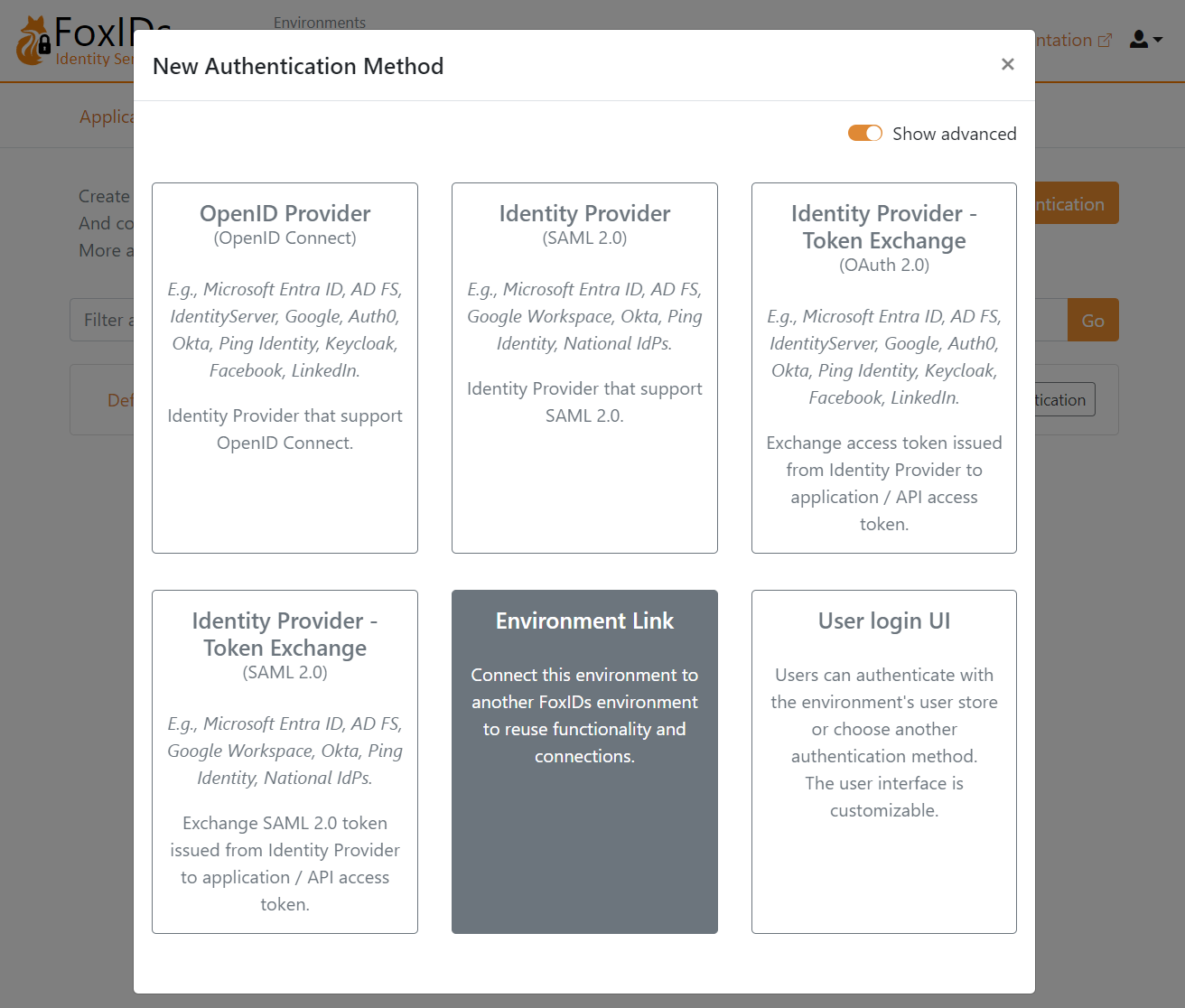 Select Environment Link authentication method