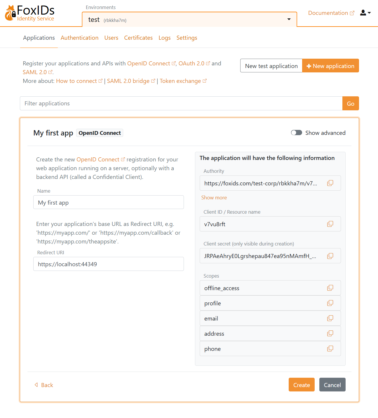 New app registration configuration
