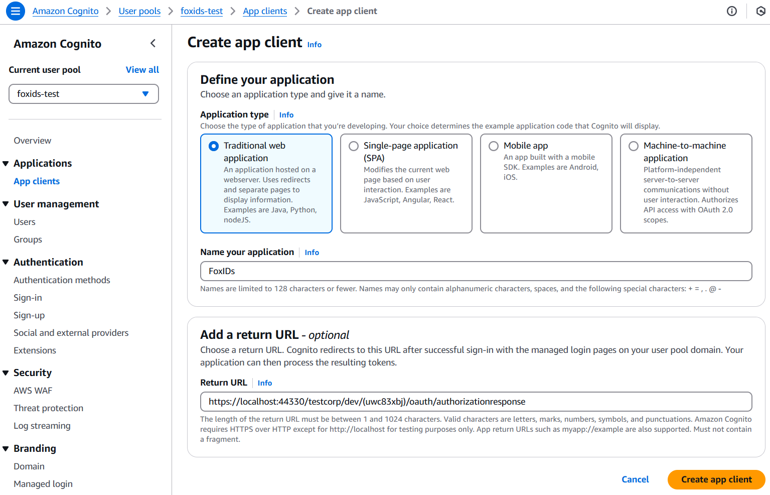 Opprett app client i Amazon Cognito