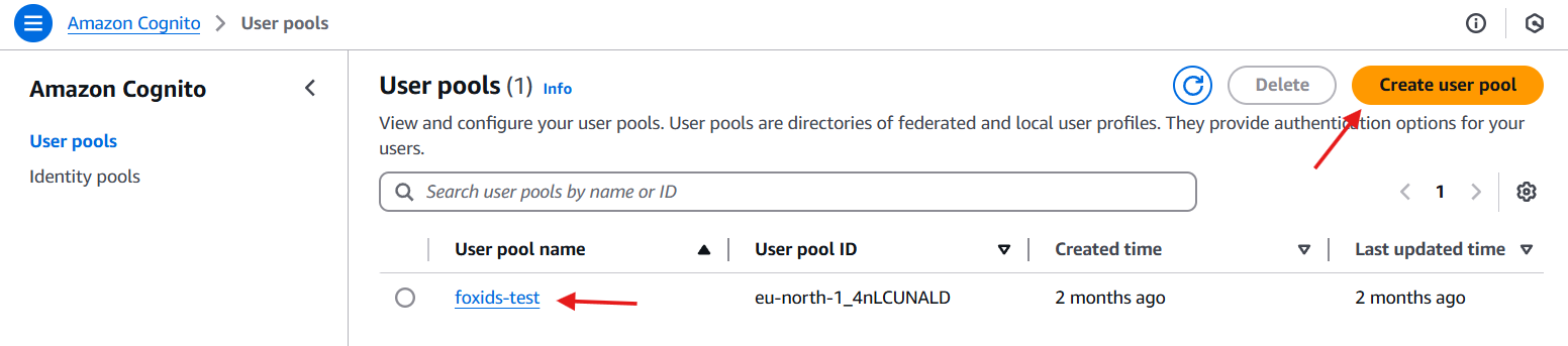 Velg user pool i Amazon Cognito