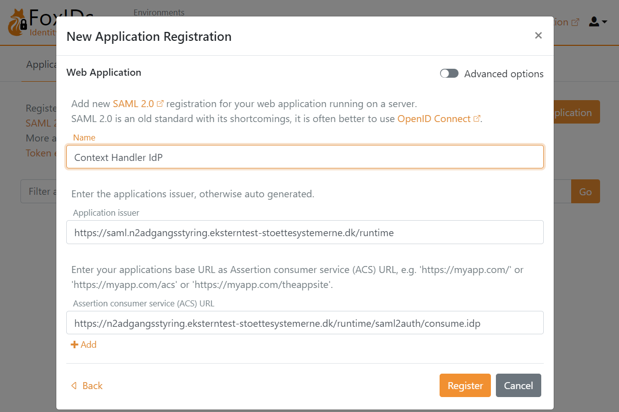 Context Handler SAML 2.0 applikasjon
