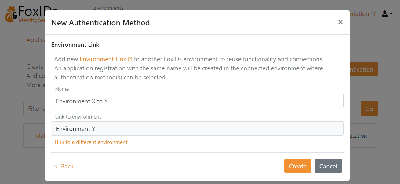 Select Environment Link authentication method