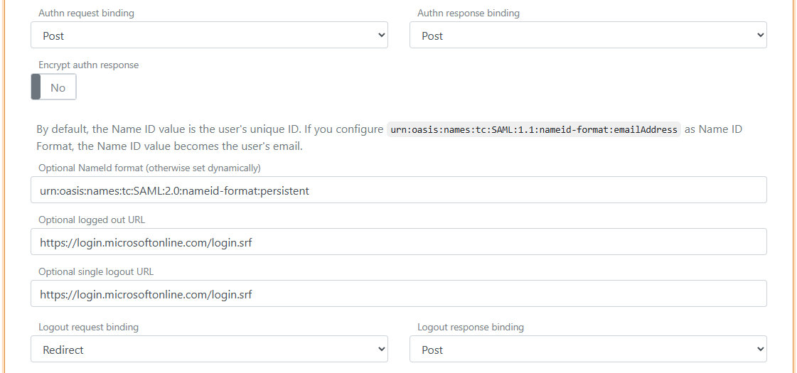 Stel binding, NameID format en logout URLs in FoxIDs in