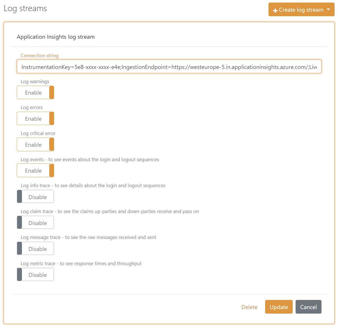 Een logstream voor de Application Insights configureren