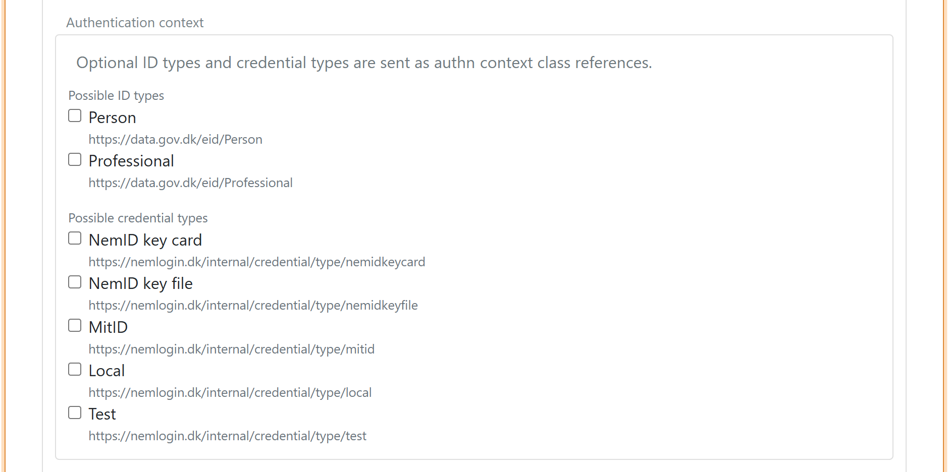 Authentication context instellingen